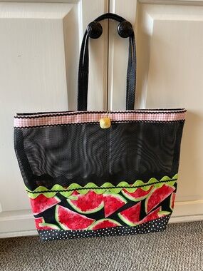 Black Mesh Tote Bag with Pink Trim and Watermelon Print